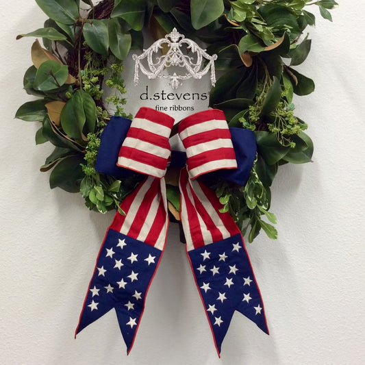 18“ CANVAS RED NATURAL STRIPE NAVY BLUE STARS BOW, RED BLUE - Burlap and Bling Decor