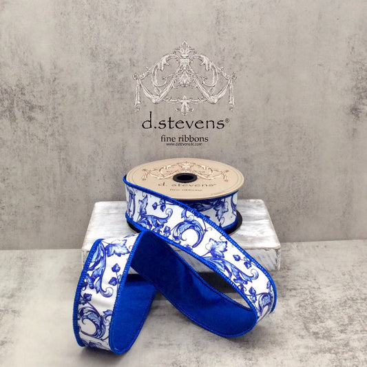 1.5“ X 10YDS TAFFETA ACANTHUS SCROLL CHINOISERIE, BLUE WHITE WIRED RIBBON - Burlap and Bling Decor