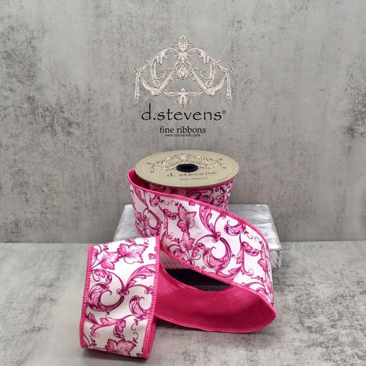 2.5“ x 10yds taffeta acanthus scroll chinoiserie, pink white - Burlap and Bling Decor