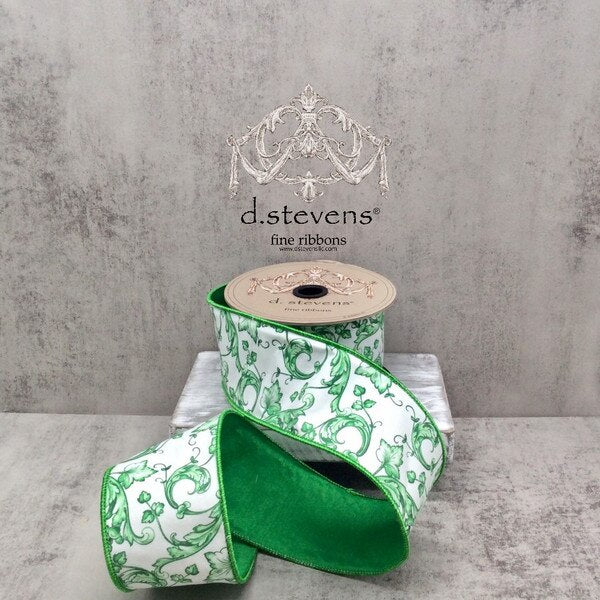 2.5” X 10YDS TAFFETA ACANTHUS SCROLL CHINOISERIE, GREEN WHITE WIRED RIBBON - Burlap and Bling Decor