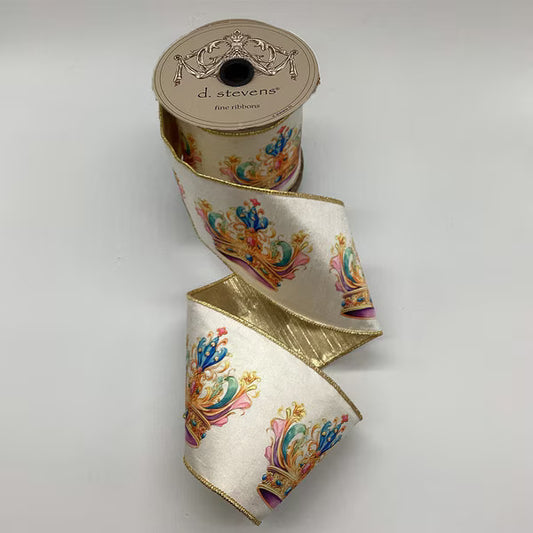 4“ X 10YDS SATIN REGAL CROWN GOLD BACK, WHITE PINK BLUE WIRED RIBBON