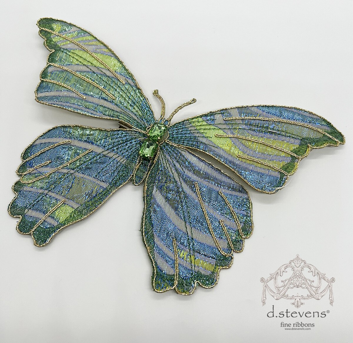 9.5“ METALLIC JACQUARD WAVE BUTTERFLY CLIP, GOLD BLUE GREEN - Burlap and Bling Decor