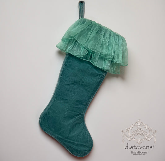 25" velvet gathered tulle stocking, celadon - Burlap and Bling Decor