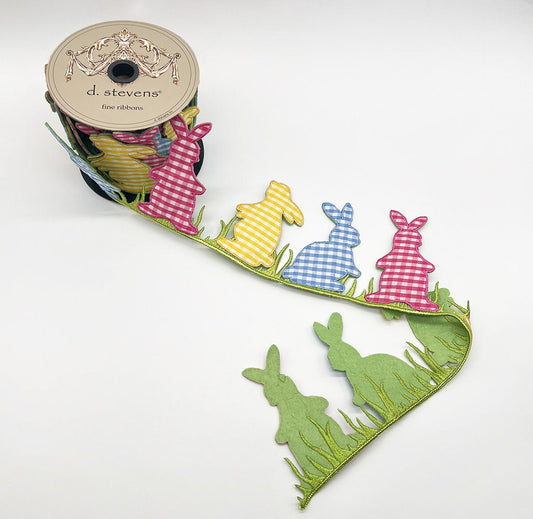4” X 5YDS FELT GINGHAM RABBIT, PINK, BLUE YELLOW WIRED RIBBON - Burlap and Bling Decor