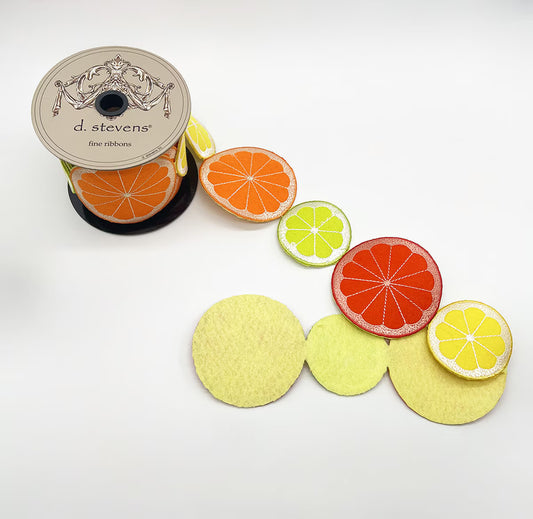 3.5“ X 5YDS FELT EMBROIDERY CITRUS FRUIT, LEMON LIME ORANGE WIRED RIBBON - Burlap and Bling Decor