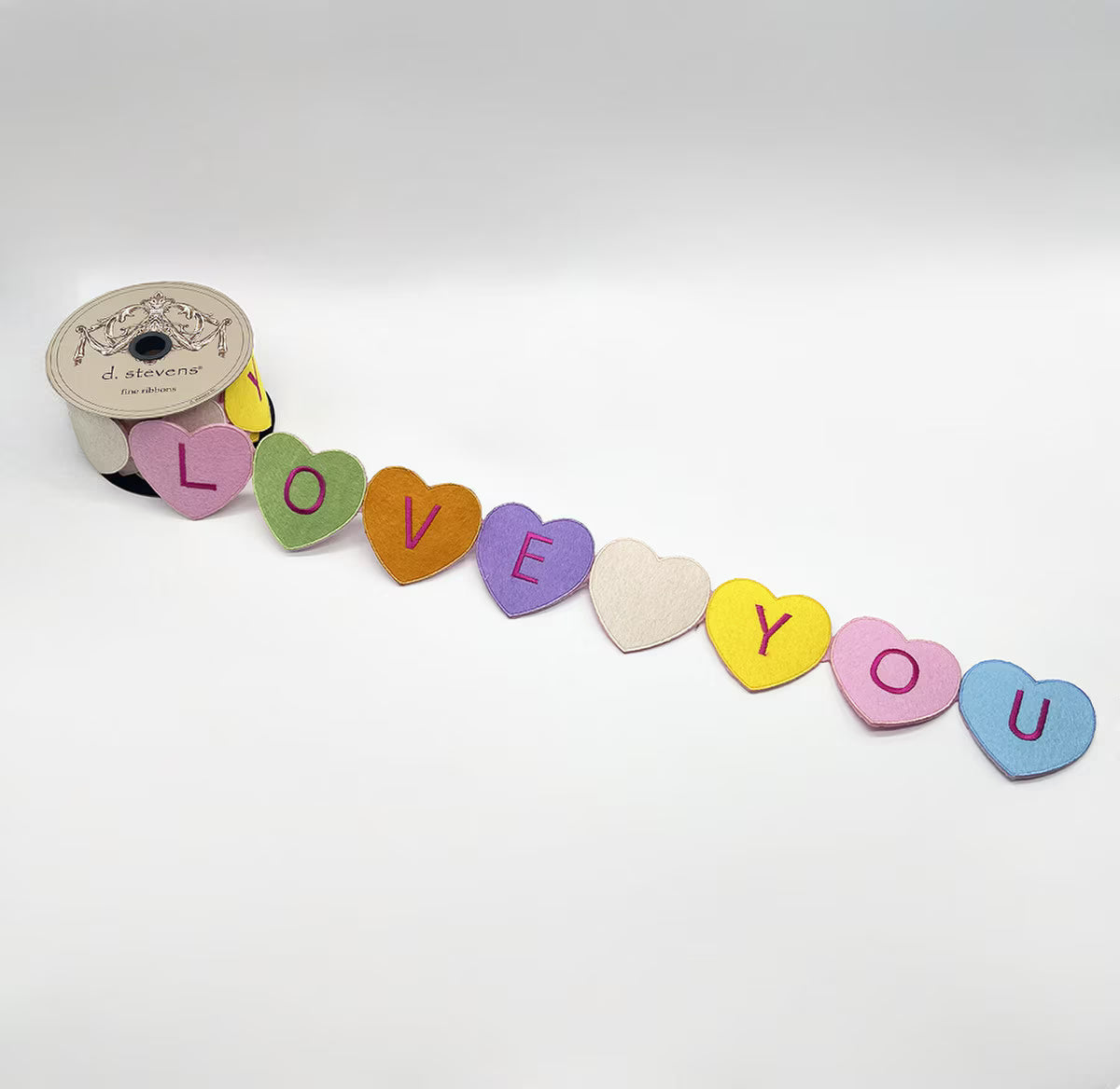 2.5” X 5YDS FELT EMBROIDERY LOVE CONVERSATION HEARTS, PINK GREEN PURPLE WIRED RIBBON - Burlap and Bling Decor