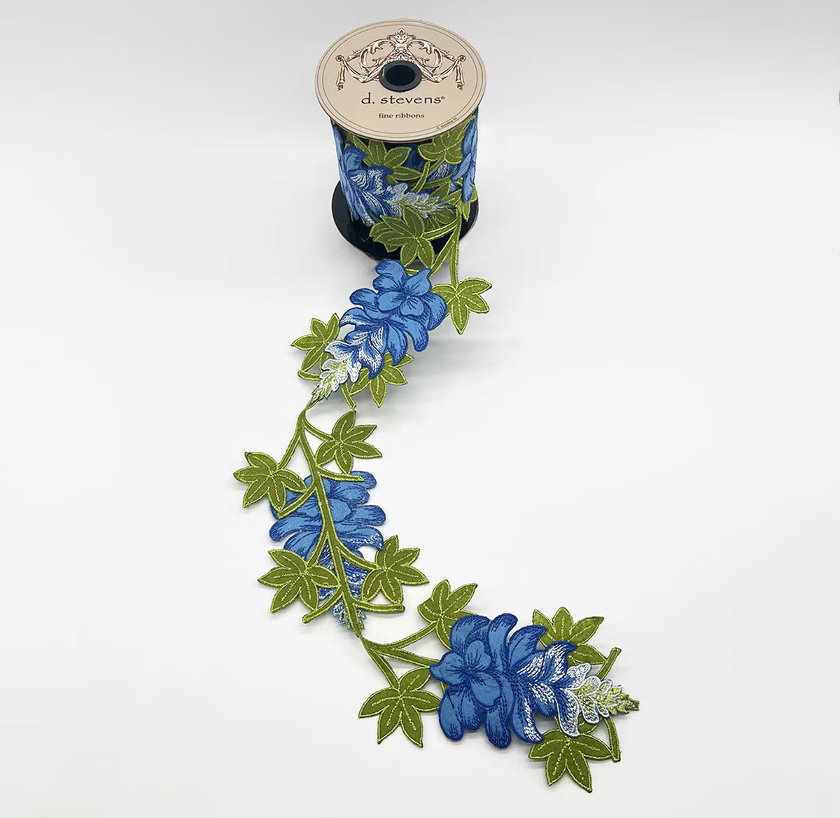 4“ X 5YDS FELT EMBROIDERY TEXAS BLUEBONNETS, BLUE GREEN WIRED RIBBON - Burlap and Bling Decor