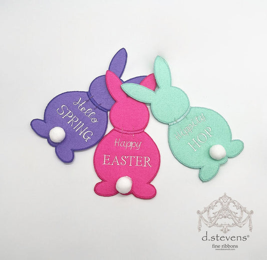 3” X 6.5“ FELT EMBROIDERY EASTER RABBIT CLIPS SET OF 3, PINK PURPLE AQUA - Burlap and Bling Decor