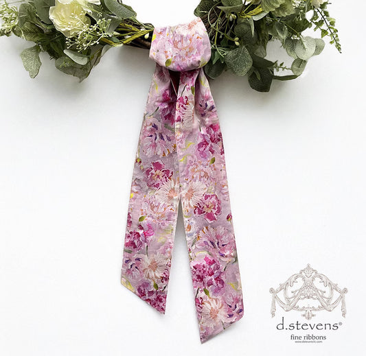 4“ X 56” LINEN WATERCOLOR PEONIES SASH, PINK LAVENDER WIRED RIBBON - Burlap and Bling Decor