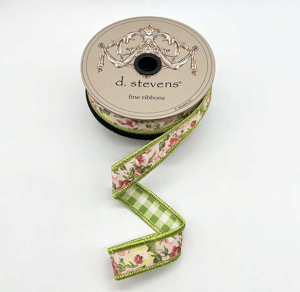 1“ X 10YDS POPLIN MAUVE YELLOW ROSES, GREEN CHECK BACK WIRED RIBBON - Burlap and Bling Decor