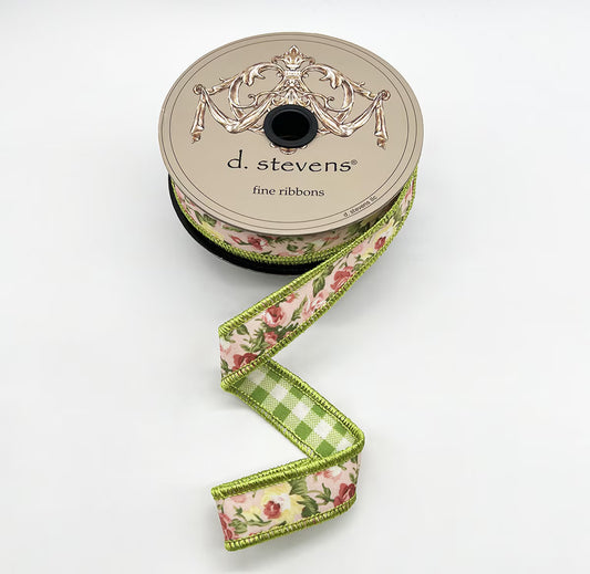 1“ X 10YDS POPLIN MAUVE YELLOW ROSES, GREEN CHECK BACK WIRED RIBBON - Burlap and Bling Decor