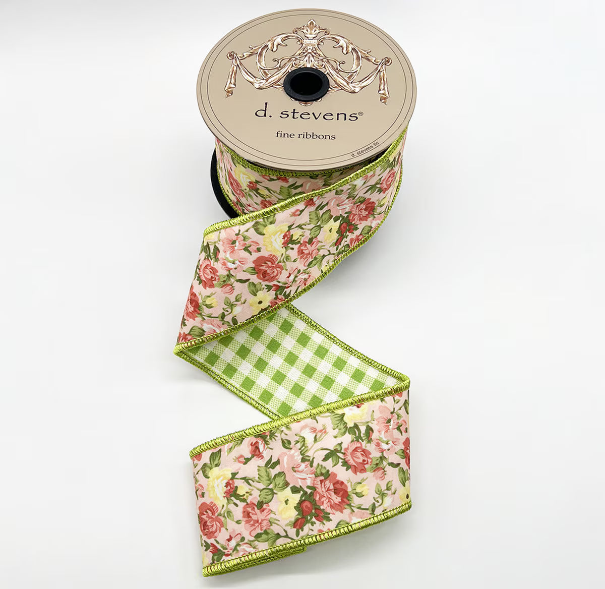 2.5” X 10YDS POPLIN MAUVE YELLOW ROSES, GREEN CHECK BACK WIRED RIBBON - Burlap and Bling Decor