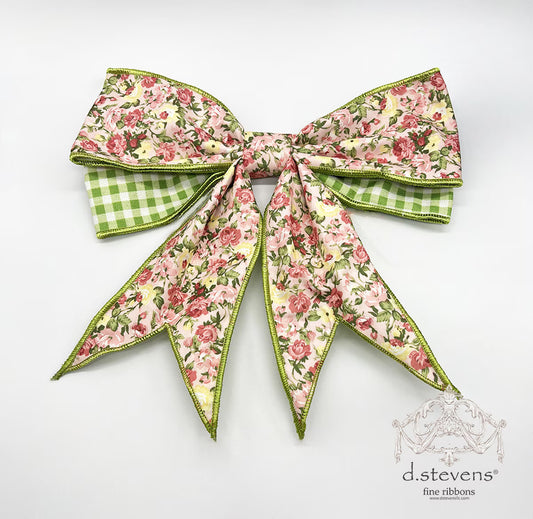 12” POPLIN ROSES GREEN GINGHAM BACK BOW, MAUVE YELLOW - Burlap and Bling Decor
