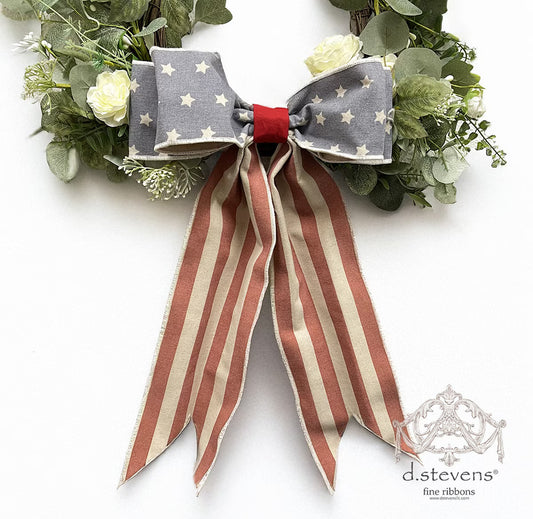 12“ LINEN AMERICANA STARS BOW STRIPE TAIL, RED NATURAL BLUE - Burlap and Bling Decor