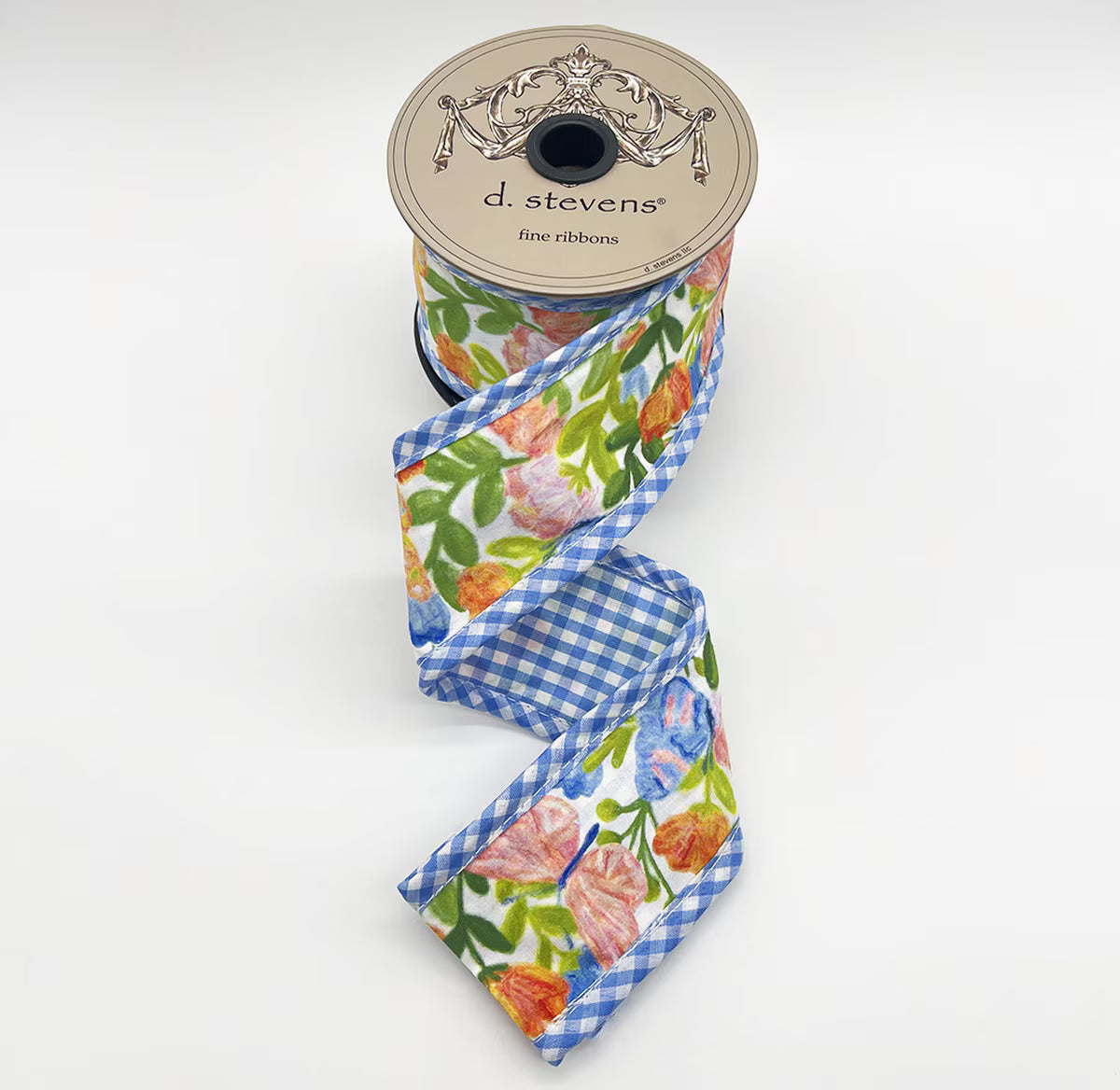 2.5” X 5YDS POPLIN MIX SPRING FLORAL BOW BLUE GINGHAM BACK, GREEN PINK ORANGE WIRED RIBBON - Burlap and Bling Decor