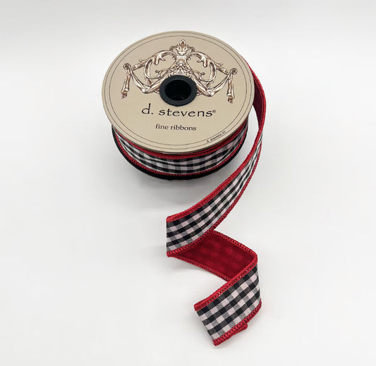 1” X 10YDS GINGHAM CHECK RED BACK, BLACK WHITE WIRED RIBBON - Burlap and Bling Decor