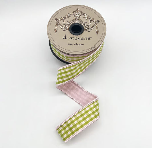 1” X 10YDS GINGHAM CHECK PINK BACK, LIME WHITE WIRED RIBBON - Burlap and Bling Decor