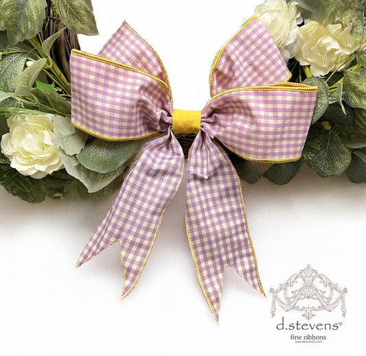 12” GINGHAM CHECK BOW YELLOW ACCENTS, LAVENDER - Burlap and Bling Decor
