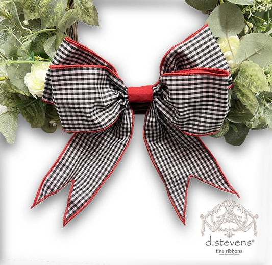12” GINGHAM CHECK BOW RED ACCENTS, BLACK WHITE - Burlap and Bling Decor