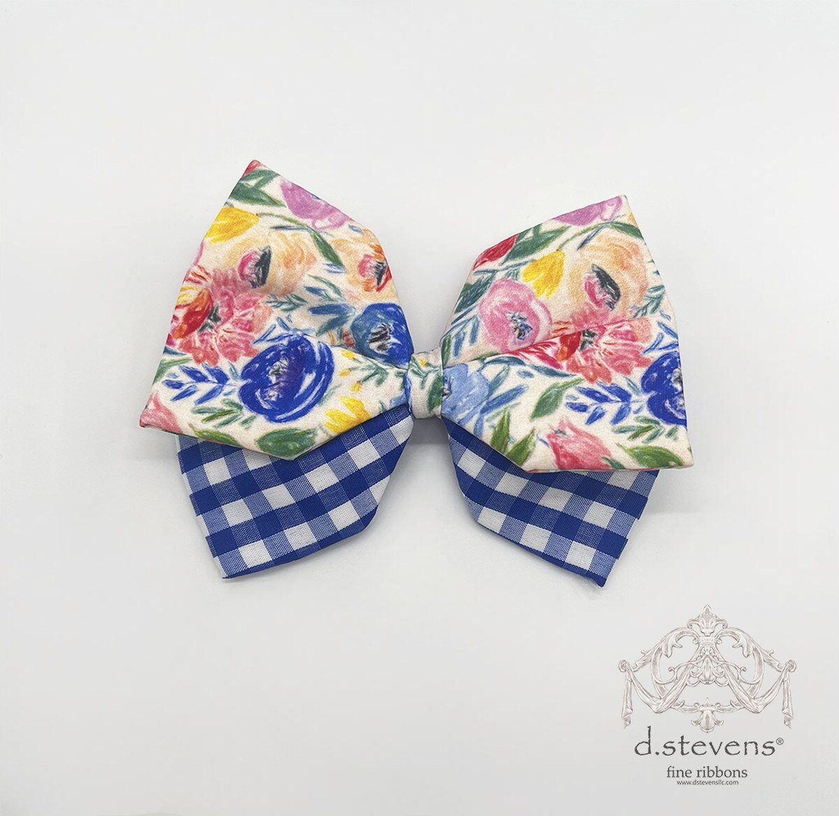 6“ POPLIN HAND DRAWN FLORAL BOW CLIP, RED BLUE YELLOW - Burlap and Bling Decor