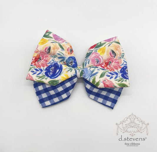 6“ POPLIN HAND DRAWN FLORAL BOW CLIP, RED BLUE YELLOW - Burlap and Bling Decor