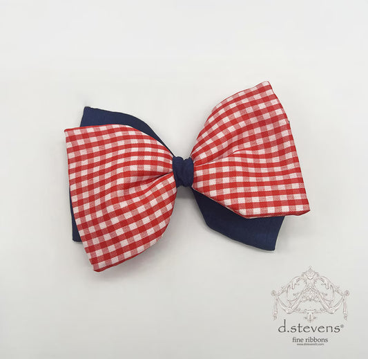 6” POPLIN CHECK BOW CLIP, RED BLUE - Burlap and Bling Decor