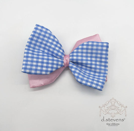 6” POPLIN CHECK BOW CLIP, BLUE PINK - Burlap and Bling Decor