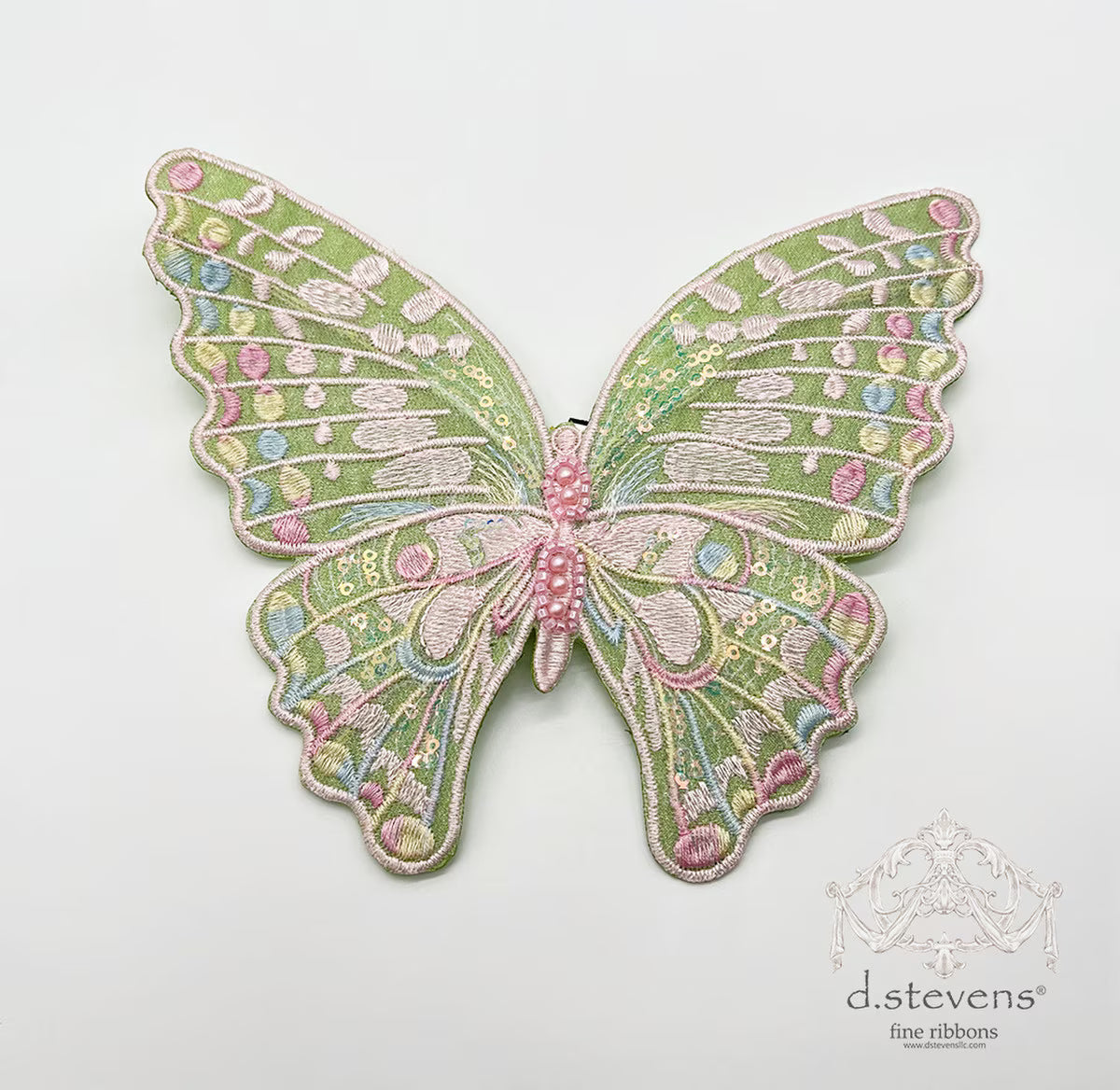 6” EMBROIDERY PASTEL BUTTERFLY CLIP, MOSS GREEN - Burlap and Bling Decor