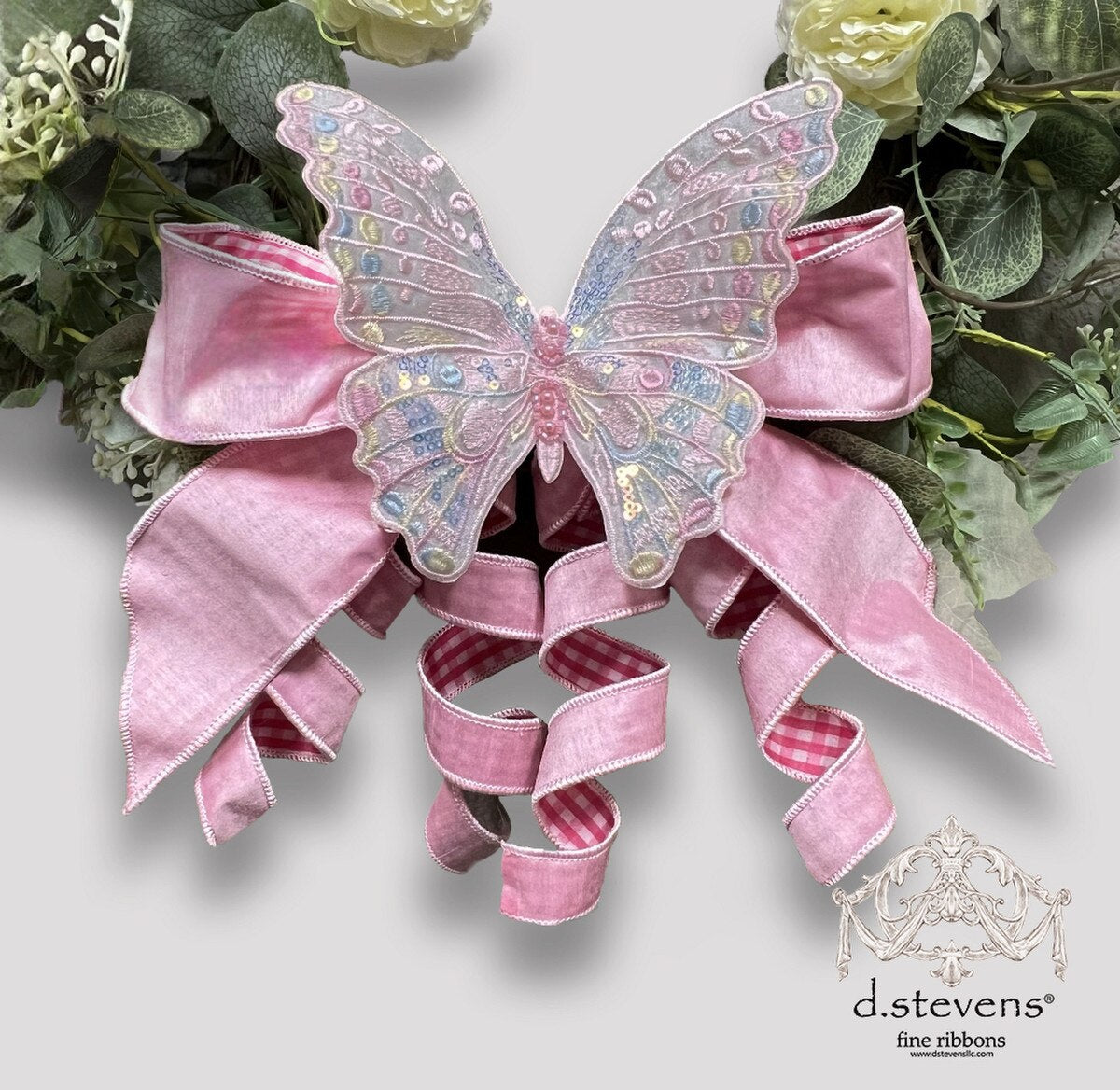 12“ SATIN BUTTERFLY BOW PINK WHITE CHECK, PINK - Burlap and Bling Decor