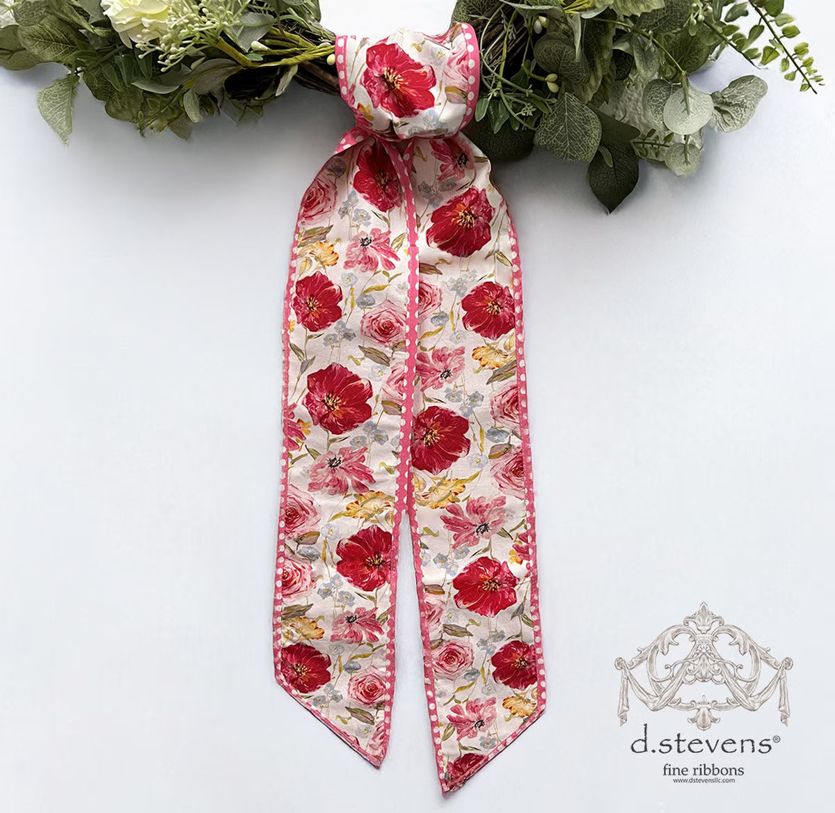 4” X 56“ POPLIN MIX ROSES POPPY SASH POLKA DOT BACKING, PINK YELLOW WIRED RIBBON - Burlap and Bling Decor