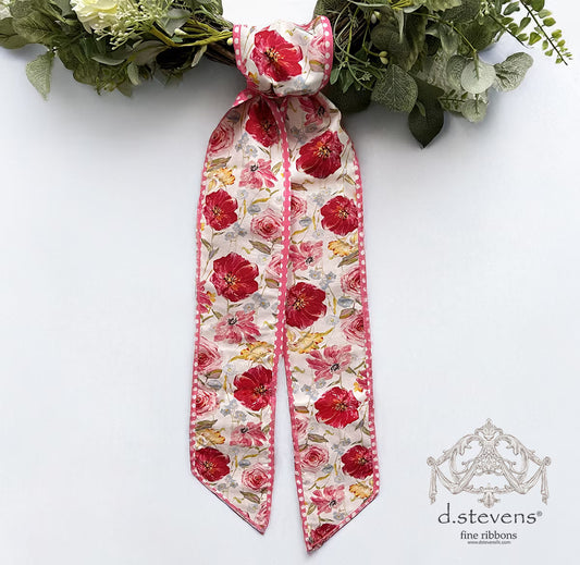 4” X 56“ POPLIN MIX ROSES POPPY SASH POLKA DOT BACKING, PINK YELLOW WIRED RIBBON - Burlap and Bling Decor