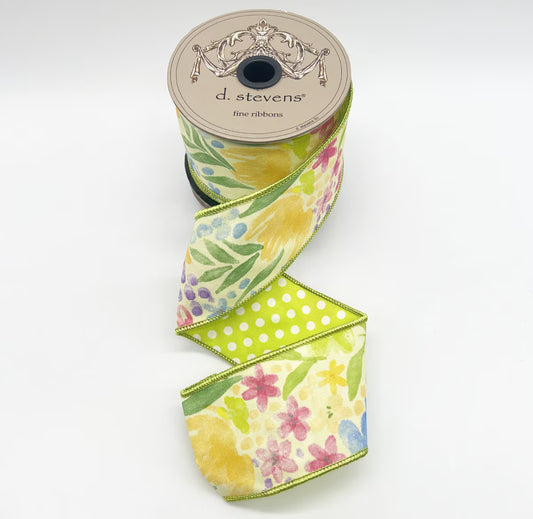 2.5” X 10YDS POPLIN WATERCOLOR MIX FLORAL POLKA DOT BACKING, LIME BLUE LAVENDER WIRED RIBBON - Burlap and Bling Decor