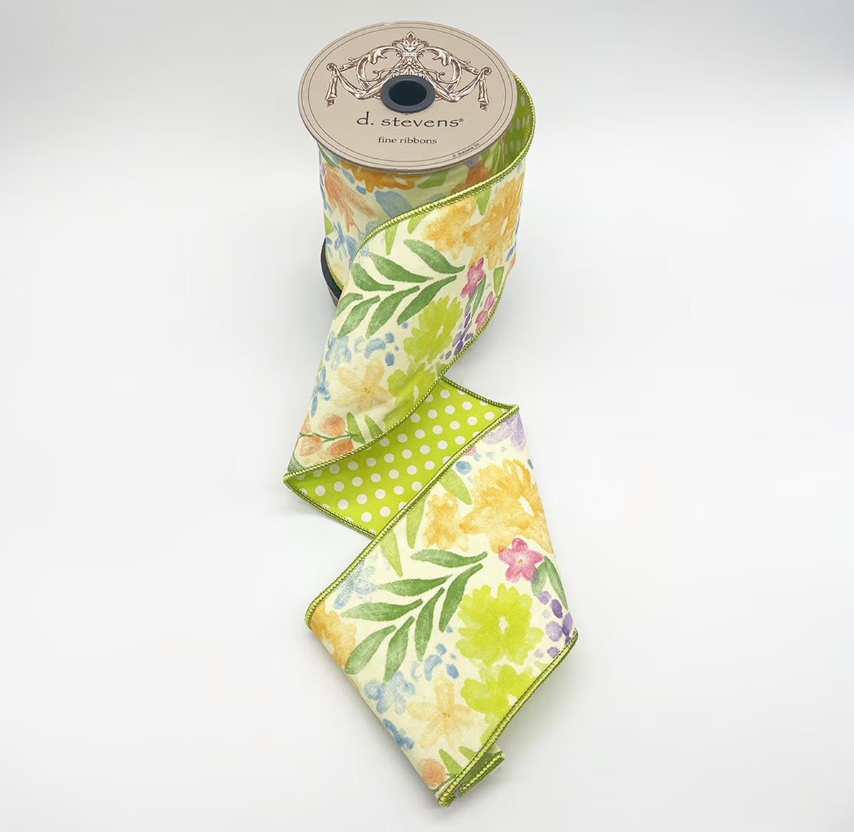 4” X 10YDS POPLIN WATERCOLOR MIX FLORAL POLKA DOT BACKING, LIME BLUE LAVENDER WIRED RIBBON - Burlap and Bling Decor