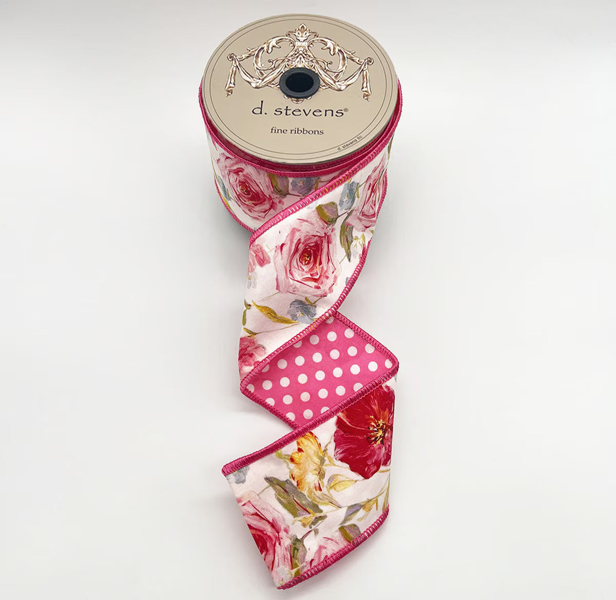 2.5” X 10YDS POPLIN MIX ROSES POLKA DOT BACKING, PINK YELLOW WIRED RIBBON - Burlap and Bling Decor