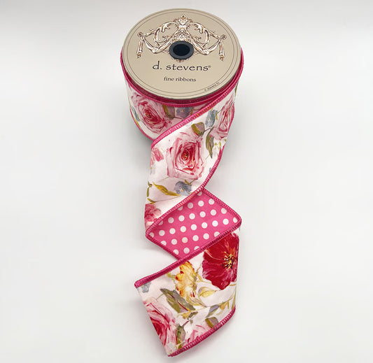 2.5” X 10YDS POPLIN MIX ROSES POLKA DOT BACKING, PINK YELLOW WIRED RIBBON - Burlap and Bling Decor