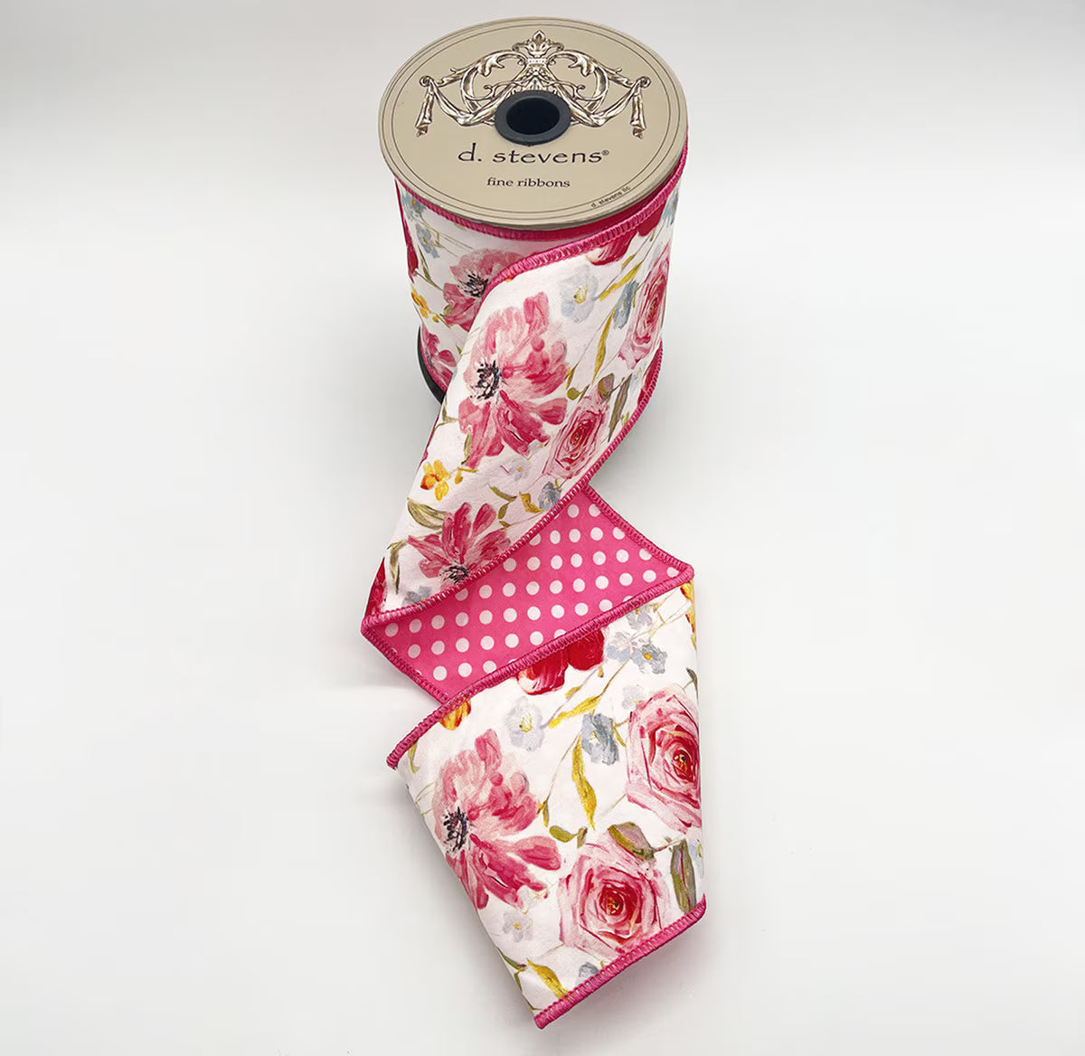 4” X 10YDS POPLIN MIX ROSES POLKA DOT BACKING, PINK YELLOW WIRED RIBBON - Burlap and Bling Decor