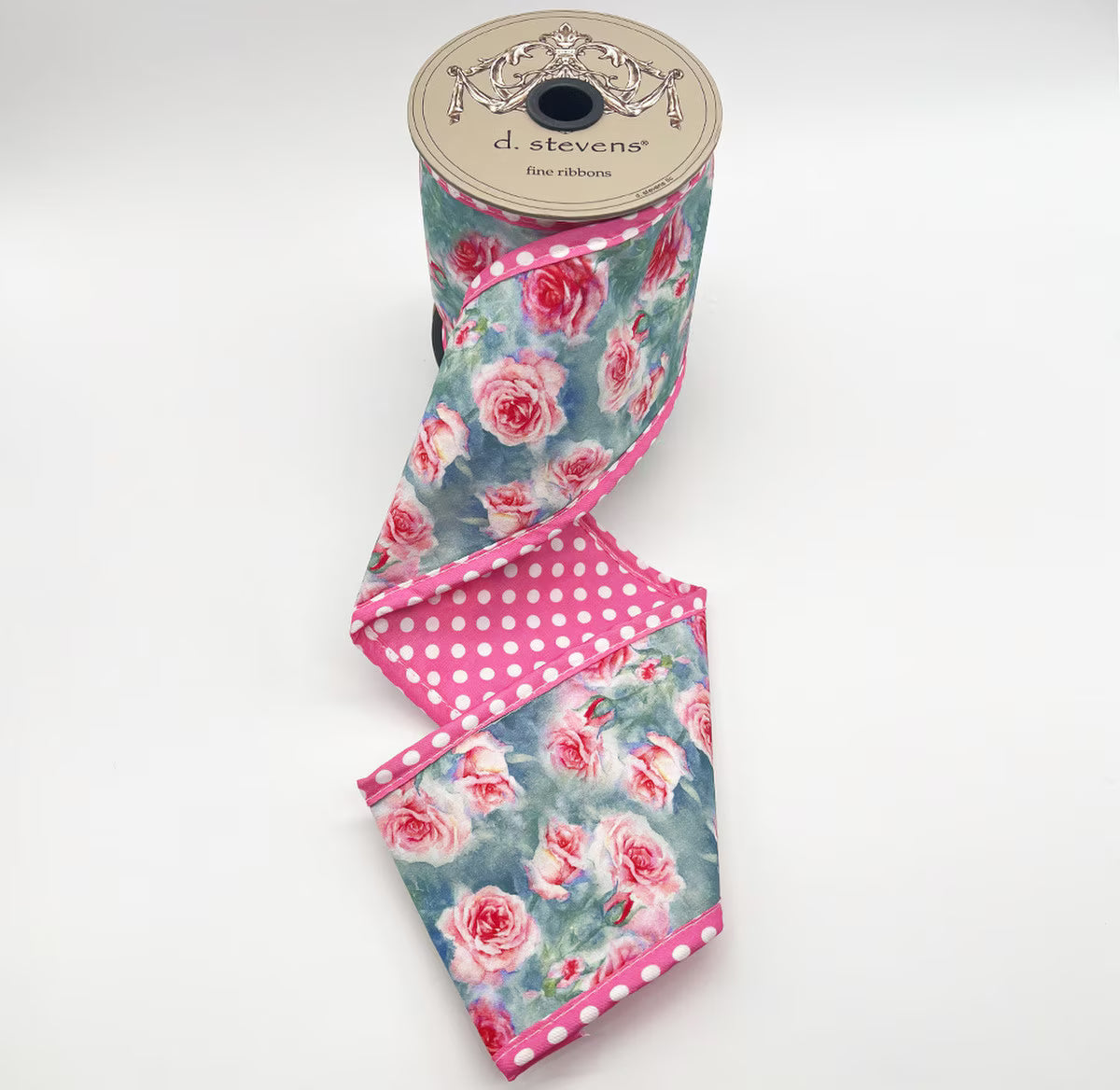 4“ X 5YDS POPLIN MIX ROSES POLKA DOT BACKING, PINK BLUE WIRED RIBBON - Burlap and Bling Decor