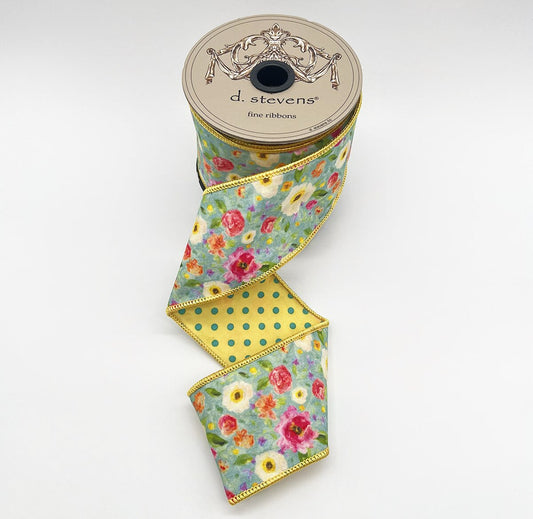 2.5“ X 10YDS POPLIN MIX FIELD POPPIES POLKA DOT BACKING, PINK BLUE YELLOW WIRED RIBBON - Burlap and Bling Decor
