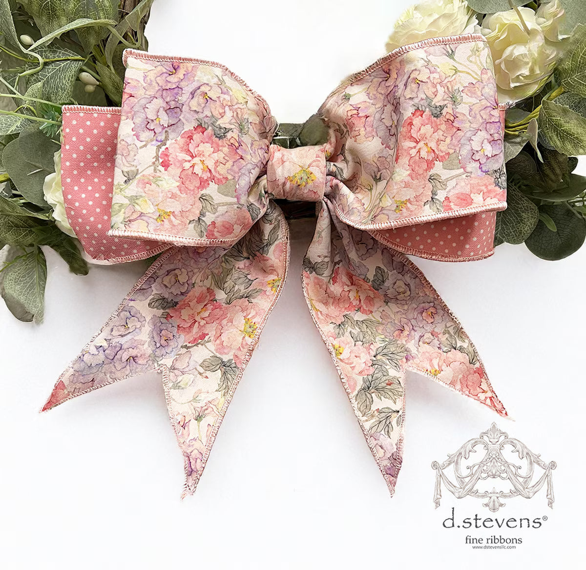 12“ POPLIN MIX FLORAL POLKA DOT BACKING BOW, PINK MAUVE - Burlap and Bling Decor