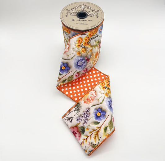 4” X 10YDS POPLIN MIX FLOWER COLLAGE POLKA DOT BACKING, ORANGE PINK BLUE WIRED RIBBON - Burlap and Bling Decor