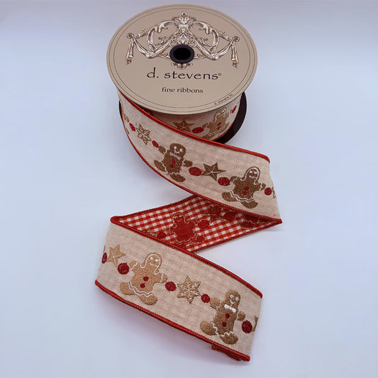 2.5” x 10yds linen embroidery gingerbread check back, natural red white