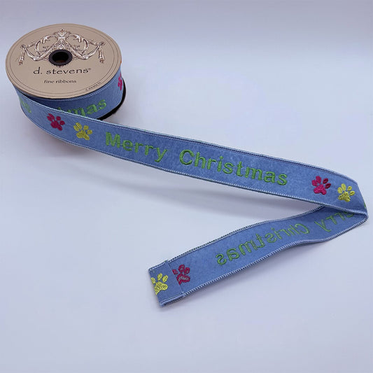 1.5” x 10yds felt embroidery merry christmas dog paw, blue