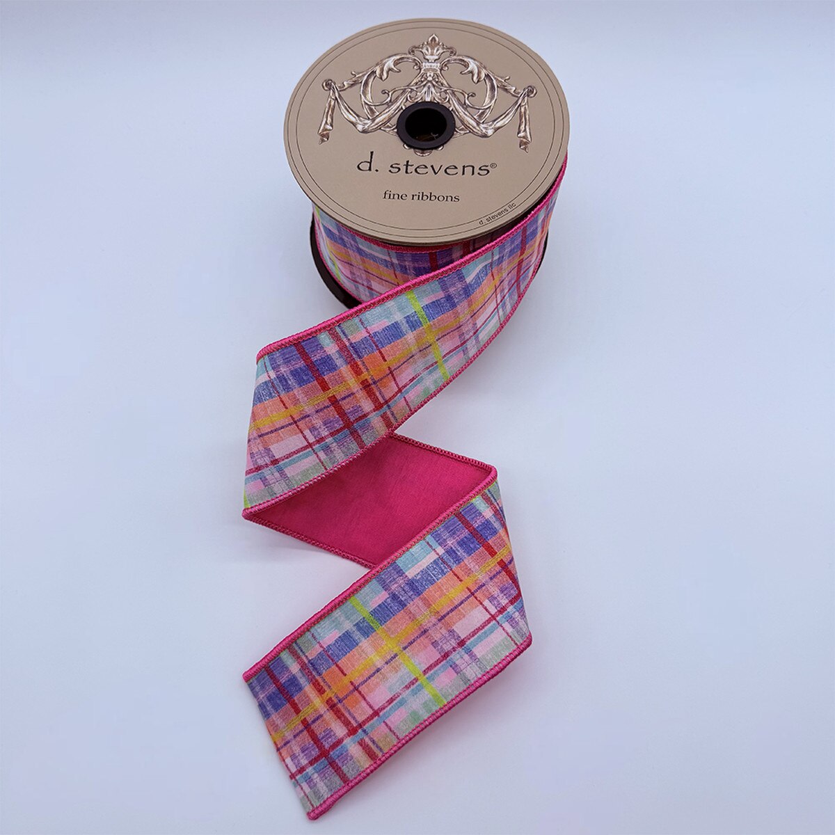 2.5” x 10yds taffeta airedale plaid, pink yellow blue orange - Burlap and Bling Decor