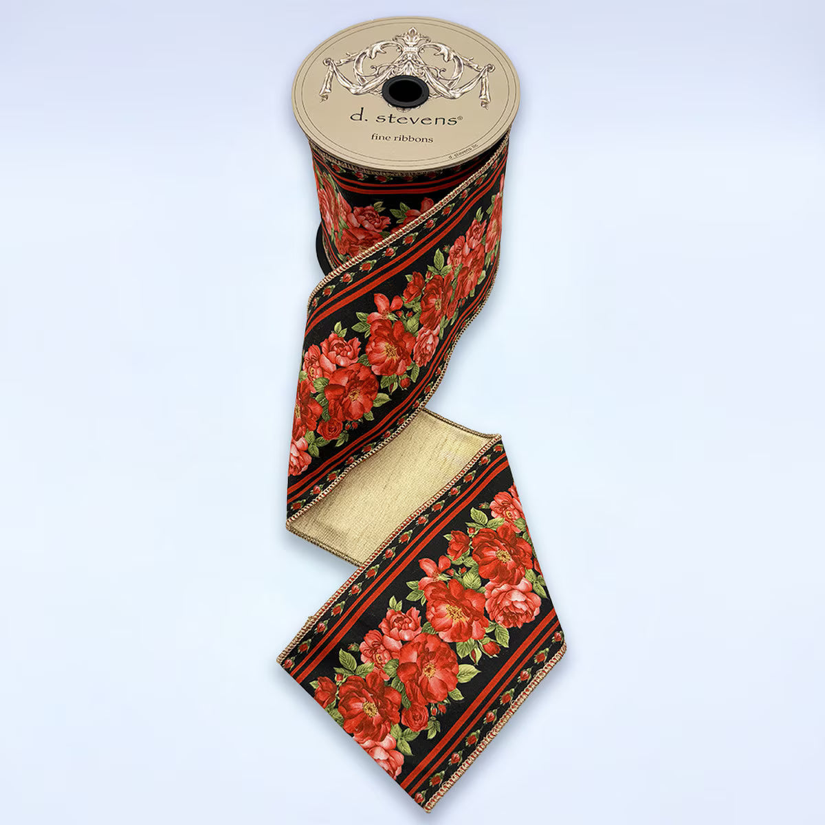 4” x 10yds taffeta roses gold back, red black