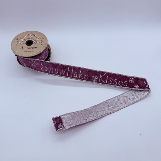 1.5“ x 5yds velvet silver metallic snowflake kisses, purple