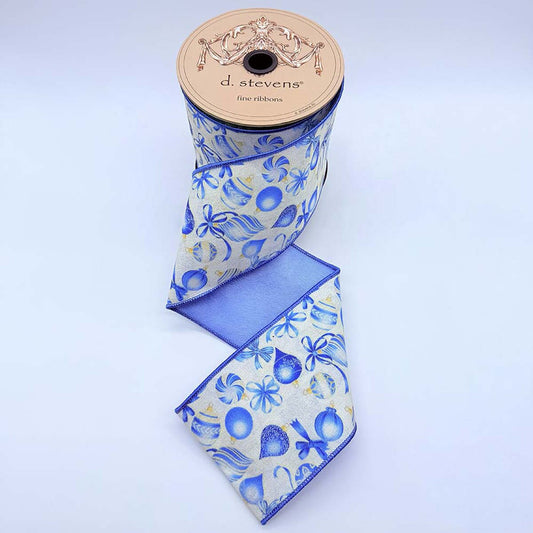 4” x 10yds taffeta blue holiday ornaments, blue ivory