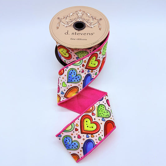 2.5” x 10yds taffeta colorful hearts pink backing, pink blue yellow