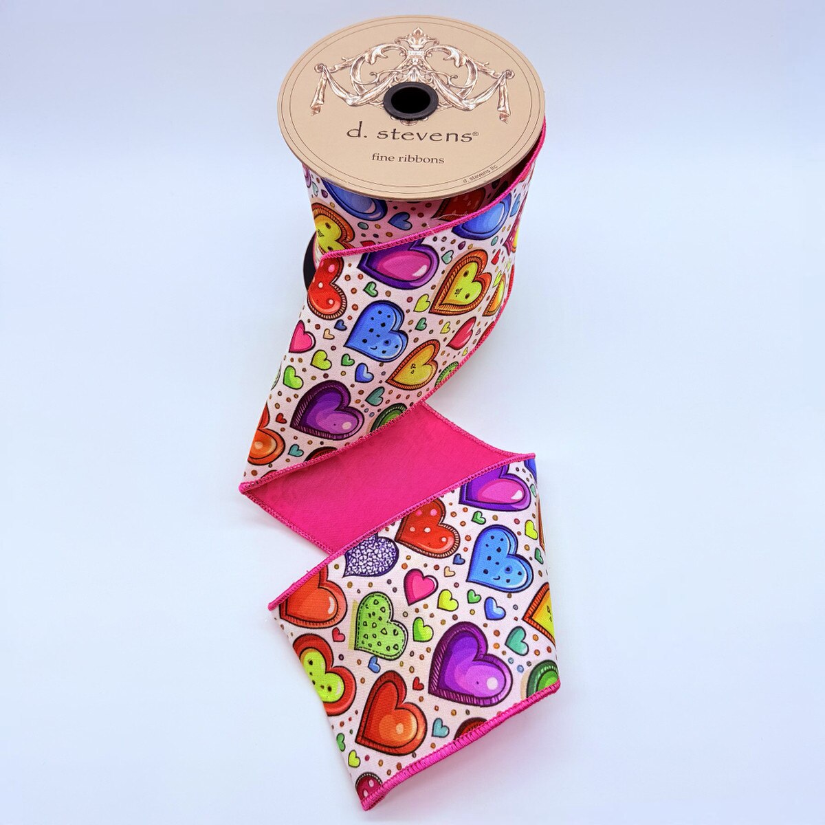 4“ x 10yds taffeta colorful hearts pink backing, pink blue yellow