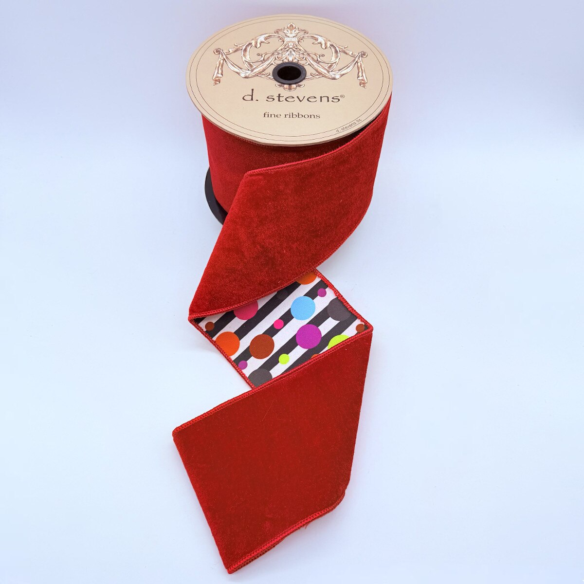 4“ x 10yds velvet black white stripe colorful circle backing, red