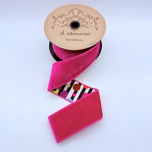 2.5” x 10yds velvet black white stripe colorful circle backing, hot pink